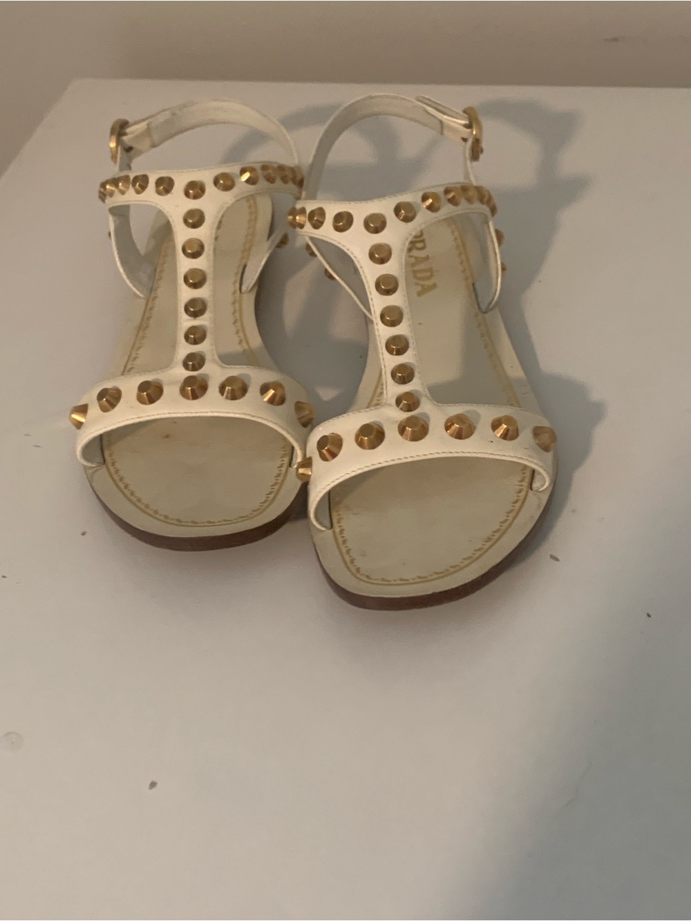 Prada White Leather Sandals with Gold Studs